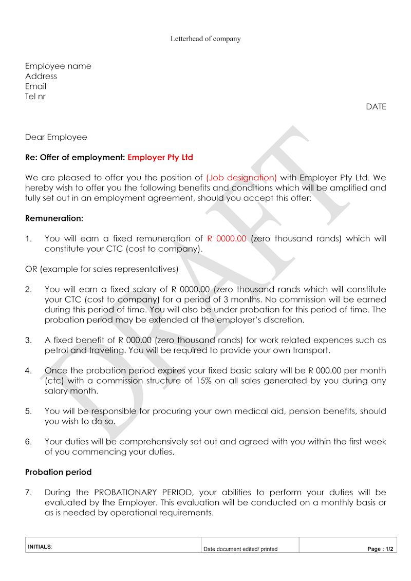 Simple Job Offer, Document, Labour Law, South Africa, Download