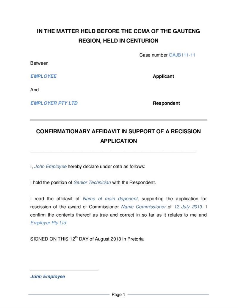 Confirmationary affidavit, Document, Labour Law, South Africa, Pdf