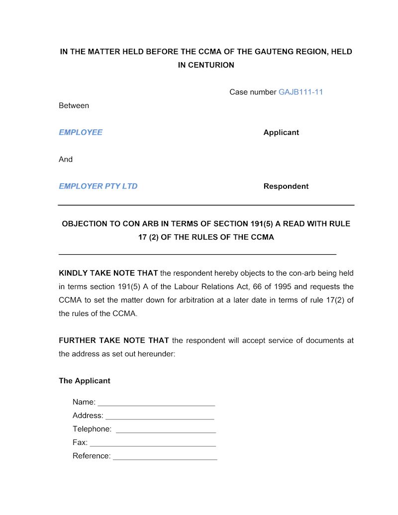 Objection con-arb Formal, Document, Labour Law, South Africa, Download