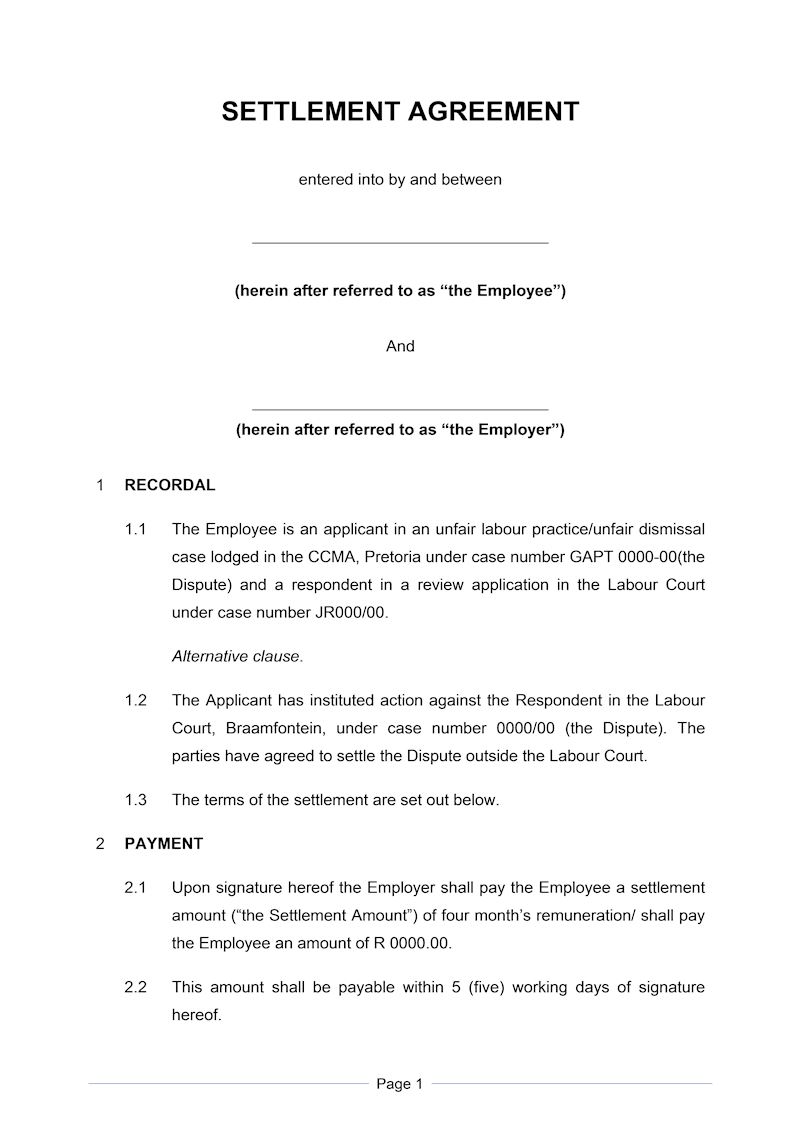 Settlement Agreement Short, Document, Labour Law, South Africa For negotiated settlement agreement sample