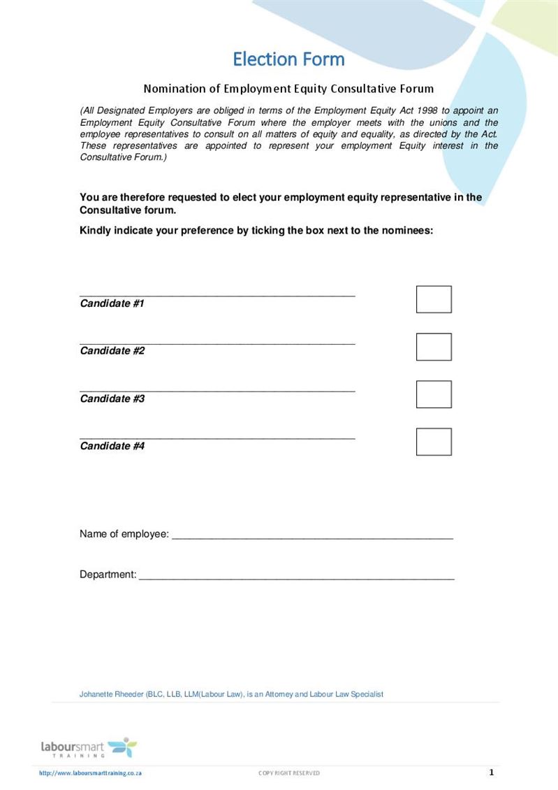 EE Nomination form, Document, Labour Law, South Africa 